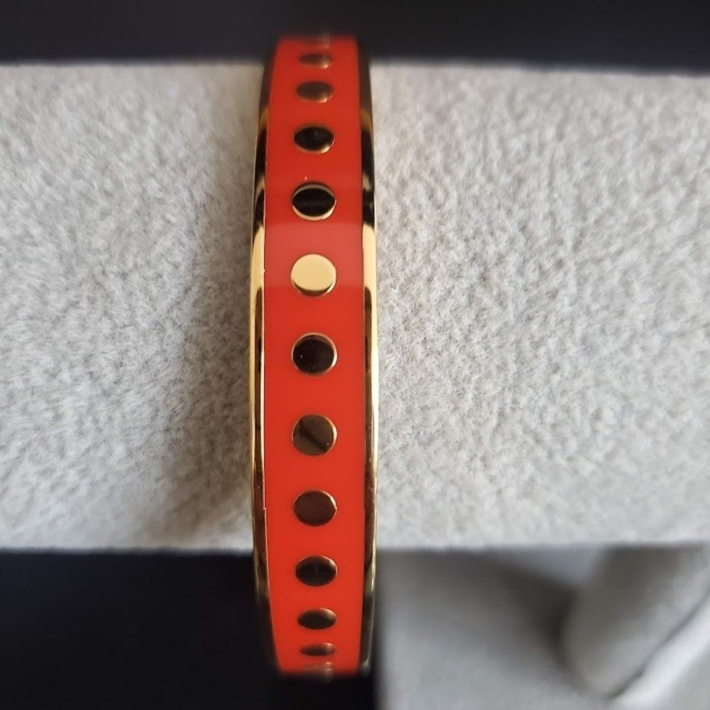 Kate Spade Penny For Your Thoughts Orange Enamel Gold Polka Dot Bangle Bracelet - Picture 4 of 8
